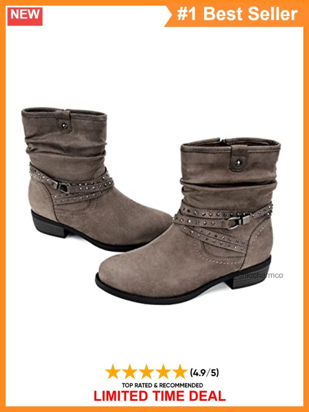 Faux Suede Slouchy Mid Calf Boot Round Toe Low Heel Side Zipper Buckle Strap